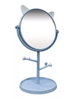 ESPELHO DE MESA REDONDO BASE PORTA JOIAS E GANCHOS PP GATINHO AZUL 21CMX12CM UN. WELLMIX