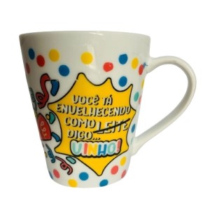 CANECA 290ML DE PORCELANA FLORK- ANIVERSARIO FAIXA UN. TERRAMADA