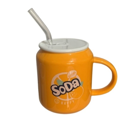 CANECA DE PORCELANA C/ CANUDO DE VIDRO 380ML UN.