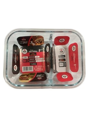 POTE HERMETICO DE VIDRO C/SAIDA DE AR RETANGULAR E C/DIVISORIA 1L 20,7X15,4X7CM UN.