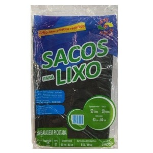 SACO DE LIXO PRETO 50LTS C/10 PCS 63X80CM UN.