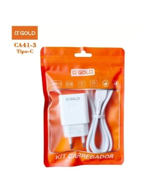Carregador Turbo Gold Tipo C CA41-3 3.1A 15W Bivolt Rápido e Seguro – Fonte Turbo Compacta com Cabo USB-C