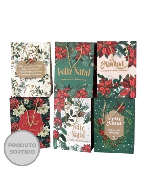 Sacola para Presente de Papel Natalina Estampada 19,4X27X8,6cm com Alça Reforçada