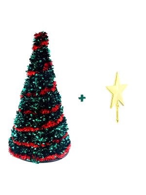 Árvore de Natal Festão Decorativa 26cm com Estrela Ponteira Dourada para Mesa, Escritório e Decoração de Ambientes