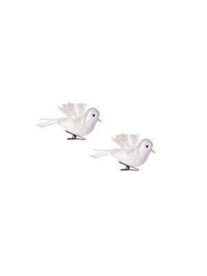 Pássaro Branco Natalino com Glitter – Enfeite c/2 pcs de 4×8 cm com Presilha para Decoração de Árvore, Festões e Arranjos