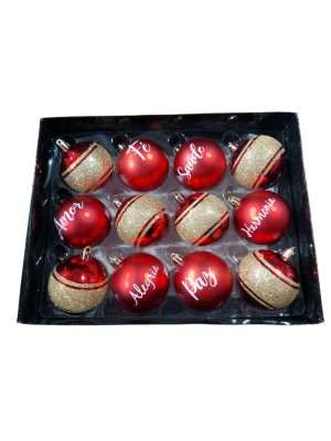 Bola de Natal 6cm Escrita Brilho Kit com 12 Peças – Enfeites Decorativos Natalinos com Palavras, Cores Sortidas e Acabamento Brilhante 