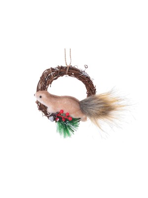 Guirlanda mini de porta 16x4,3x10,5cm esquilo natalina decorativa em MDF com pinhas e cordão para porta, parede e arranjos de Natal