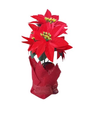 Vaso Juta Poinsettia Xmas  – Decoração Natalina Rústica com Flor Vermelha e Detalhes Artesanais