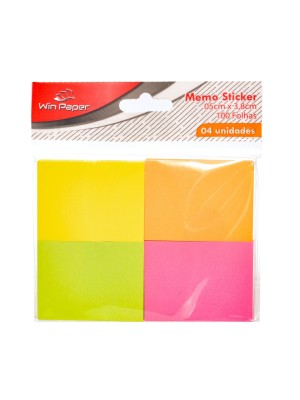Nota Adesiva Win Paper 5x3,8cm com 100 Folhas – Blocos Coloridos Reposicionáveis em 4 Unidades para Anotações, Lembretes e Organização de Escritório