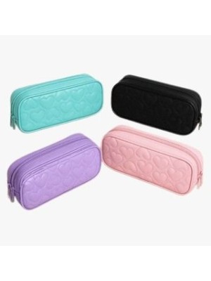 Estojo Feminino Textura Heart com 2 Zíperes Win Paper – Estojo Escolar e Necessaire Sintético com Corações em Relevo, Compacto, Charmoso e Resistente