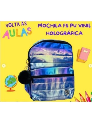Mochila Holográfica de Vinil com Chaveiro Pompom Brilhante Escolar Feminina
