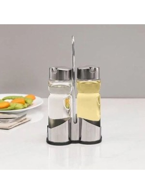 Galheteiro com 2 Peças em Vidro e Plástico Porta Azeite e Vinagre com Suporte Prático para Cozinha e Mesa
