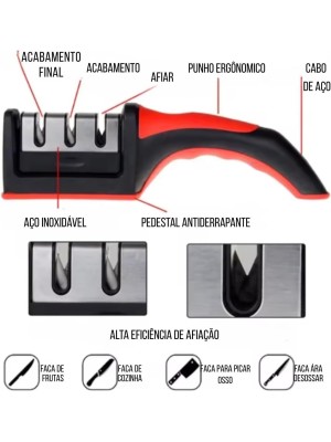 Afiador de Facas Profissional LH-238 Manual com 3 Estágios para Facas de Cozinha Aço Inox