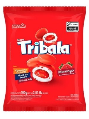 Bala Tribala Morango 100g Bala Mastigável com Recheio Jelly Casquinha Crocante