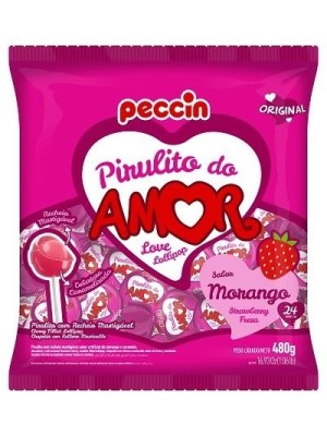 Pirulito Morango do Amor 480g Peccin – Pirulito Sabor Morango Embalado Individualmente Ideal para Festas, Lembrancinhas e Revenda