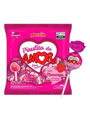 Pirulito Morango do Amor 480g Peccin – Pirulito Sabor Morango Embalado Individualmente Ideal para Festas, Lembrancinhas e Revenda