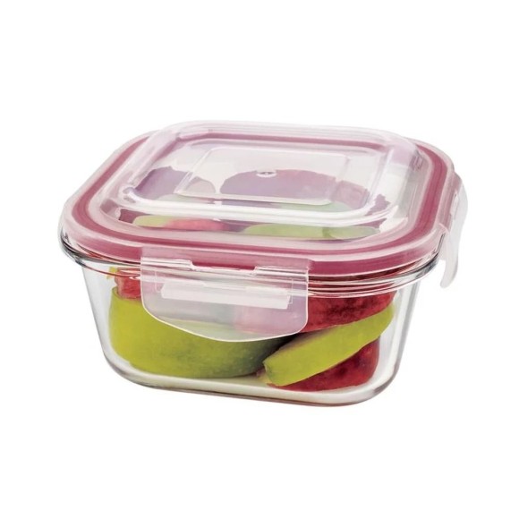 POTE DE VIDRO 520ML HERMETICO QUADRADO VERMELHO UN.